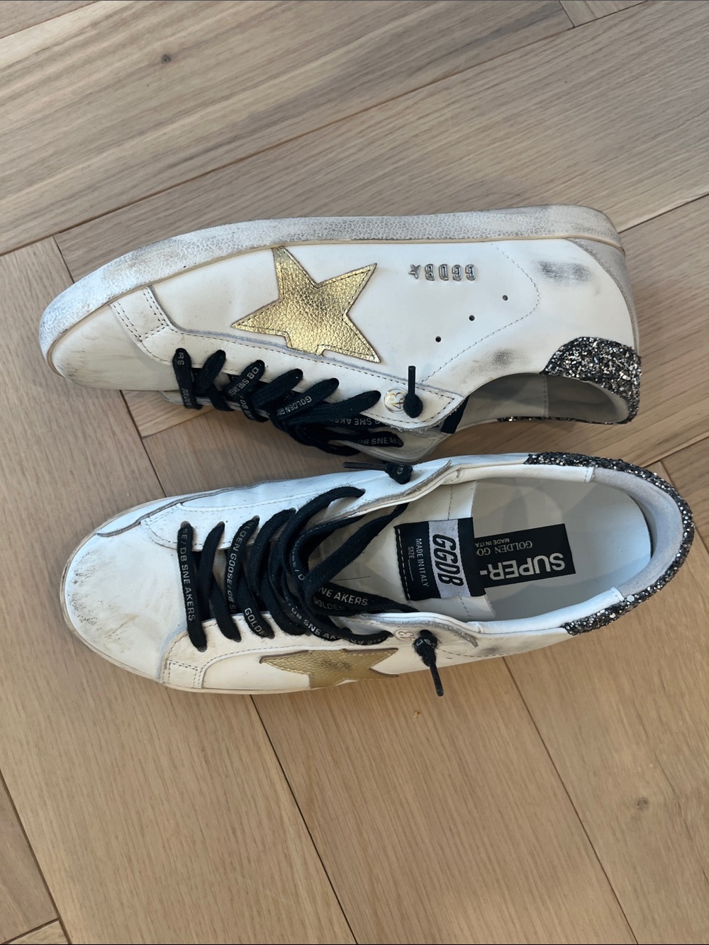 Golden Goose White Leather Sneakers with Gold Star and Black Laces